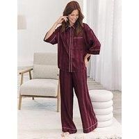 Chelsea Peers Flared Sleeve Button Up And Wide Leg Bottoms In Star Jaquard - Red