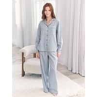 Chelsea Peers Chelssea Long Button Up Striped Pyjama Set In Woven Cotton - Blue