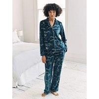 Chelsea Peers Chelsea Peers Curved Hem Button Up In Foil Velour With Covered Buttons - Teal