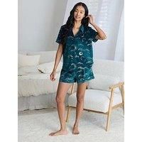 Chelsea Peers V Neck Button Up Short Set With Foil Print In Velour - Green
