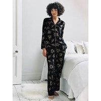 Chelsea Peers Long Button Up Pyjama Set In Velour - Black