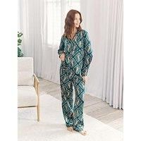 Chelsea Peers Classic Long Button Up Pyjama Set In Satin - Green