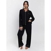 Loungeable Rib Long Sleeve Traditional Shirt And Long Pant Pyjama Set - Black