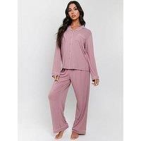 Loungeable Rib Long Sleeve Traditional Shirt And Long Pant - Hot Pink
