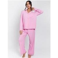 Loungeable Rib Long Sleeve Traditional Shirt And Long Pant - Pink