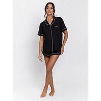 Loungeable Rib Short Sleeve Traditional Shirt And Shorts - Black