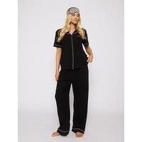 Loungeable Rib Short Sleeve Traditional Shirt And Long Pant Pyjamas Set - Black