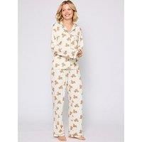 Loungeable Teddy Bear Button Shirt And Long Pant Pyjamas Set In Cream