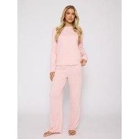 Loungeable Marl Brushed Knit Rib Long Sleeve And Trouser Pyjama Set - Pink