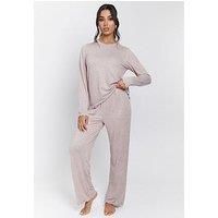 Loungeable Marl Brushed Knit Rib Long Sleeve And Trouser Pyjama Set - Taupe