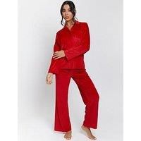 Loungeable Velour Rib Long Sleeved Traditional Pyjama Set In Red