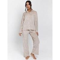 Loungeable Leopard Ribbed Long Sleeve Top And Trousers Pyjamas - Beige