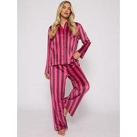 Loungeable Striped Velour Traditional Pyjama Set In Pink