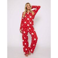 Loungeable Leopard Santa Button Shirt And Long Pant Christmas Pyjamas Set - Red