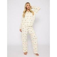 Loungeable Neutral Christmas Button Shirt And Long Pant Pyjamas Set In Cream