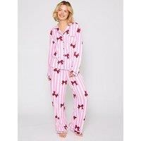 Loungeable Bow Printed Jersey Long Sleeved Pyjama And Trouser Set - Pink