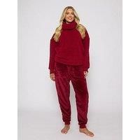 Loungeable Borg Removeable Snood Jumper & Luxury Fleece Jogger Lounge Set - Red
