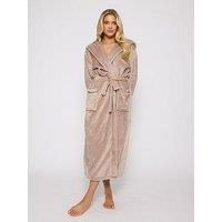 Loungeable Ribbon Trim Luxury Fleece Hooded Maxi Dressing Gown - Taupe - Beige