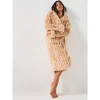 Loungeable Plush Ridged Fleece Hooded Dressing Gown In Beige