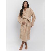 Loungeable Plush Ridged Fleece Hooded Dressing Gown In Beige