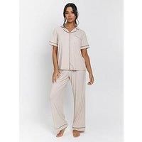 Loungeable Rib Short Sleeve Traditional Shirt And Long Pant - Beige