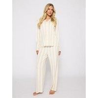 Loungeable Striped Velour Long Sleeved Top And Trouser Traditional Pyjama Set - Taupe - Beige
