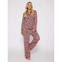 Loungeable Leopard Long Sleeved Button Down Traditional Pyjama Set - Burgundy - Red