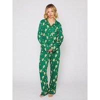 Loungeable Gingerbread Button Shirt And Long Pant Pyjama Set - Green