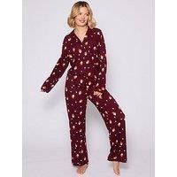Loungeable Pumpkin Latte Long Sleeved Button Down Traditional Pyjama Set - Red