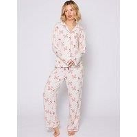 Loungeable Cherry Martini Long Sleeved Button Down Traditional Pyjama Set - White
