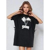 Religion Topaz Jersey Beaded Rebel Graphic Tunic Dress - Black