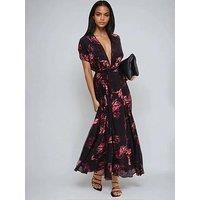 Religion Fade Maxi 2 Way Wrap Dress In Dark Floral - Black
