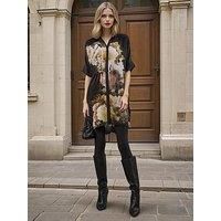 Religion Lola Oversized Floral Placement Tie Waist Tunic Dress - Black