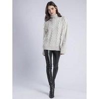 Religion Oversized Jamie Roll Neck Cable Knit Fringed Jumper - Cream