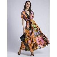 Religion Crest Maxi Wrap Dress In Silky Fabric In Obscure Orange Print - Orange