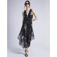 Religion Aida Midi Dress In Dark Floral With Handkerchief Hem - Black