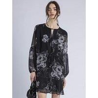 Religion Eternity Mini Dress With Neck Tie In Floral Print - Black