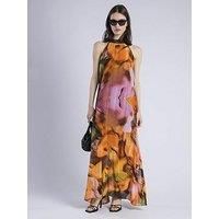 Religion Glow Halterneck Maxi Dress In Bright Abstract Print - Orange