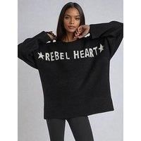 Religion Oversized Rebel Heart Slogan Soft Yarn Jumper - Black