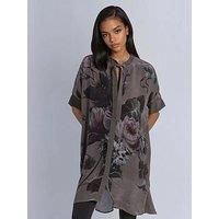 Religion Diana Tunic Dress With Neck Tie In Dark Floral Placement Print - Green