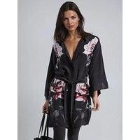 Religion Kimono Sleeve Rose Heart Floral Back Placement Tie Tunic Dress - Black