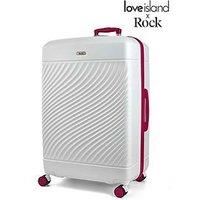 Rock Love Island Suitcase in White with Pink - Large Hard Shell Case for Style Seekers & Travel Lovers - Lightweight & Durable, 360 Swivel Wheels & Telescopic Handle - 78x53x34cm 119L Capacity
