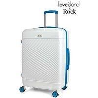 Rock Love Island Suitcase in White with Blue - Medium Hard Shell Case for Style Seekers & Travel Lovers - Lightweight & Durable, 360 Swivel Wheels & Telescopic Handle - 66x46x30cm 75L Capacity