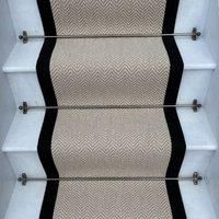 RainbowHome Herringbone Chalk Beige Wool Stair Runner With 100% Black Cotton Border | Size: 60 cm x 650 cm