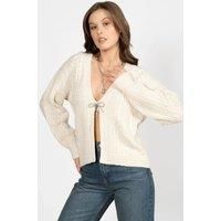 HOXTON GAL Women's Regular Fit Chunky Knit V-Neck Cardigan Sweater with Bow Tie Detail in Beige | Size: Large
