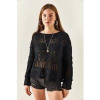 Regular Fit Openwork Cotton Knit Sweater with Mini Pom-Pom Detail