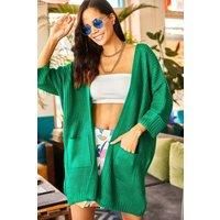 Relaxed Knit Cardigan with Folded Sleeves and Pockets