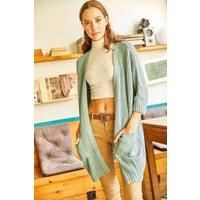 Relaxed Knit Cardigan with Folded Sleeves and Pockets