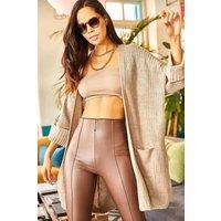 Relaxed Knit Cardigan with Folded Sleeves and Pockets