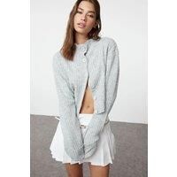 HOXTON GAL Women's Oversized Cropped Soft-Textured High Neck Knit Cardigan Sweater in Grey | Size: Medium